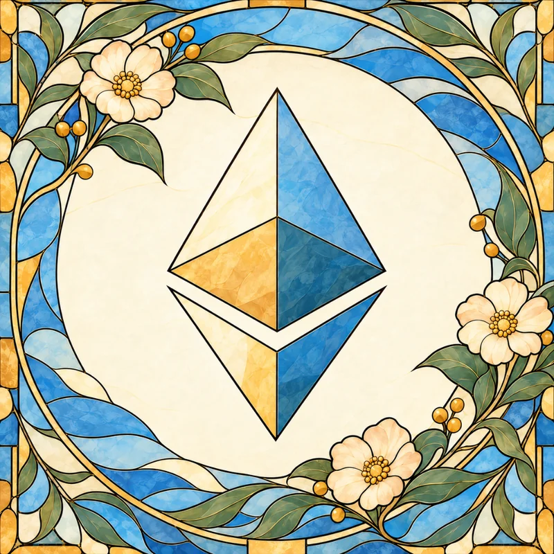 High-resolution stained-glass Ethereum diamond with leaves and flowers.