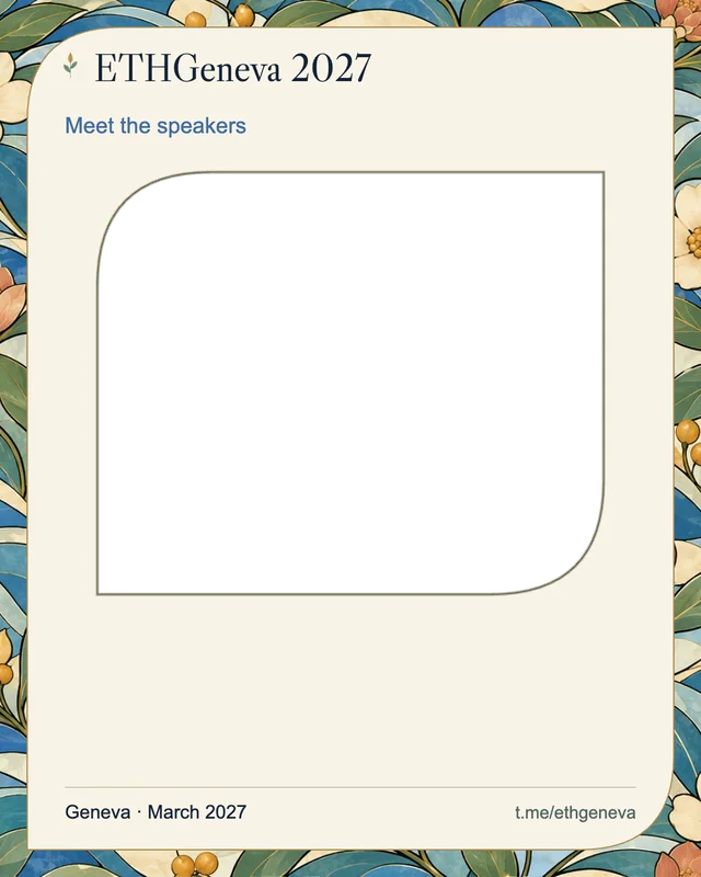 Portrait speaker frame with a botanical border, a transparent portrait window and space for a name below.