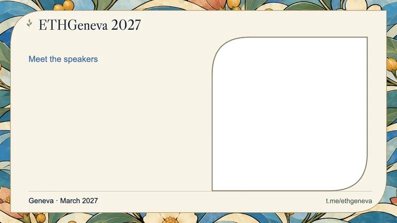 Landscape speaker frame with a botanical border, space for a name on the left and a transparent portrait window on the right.