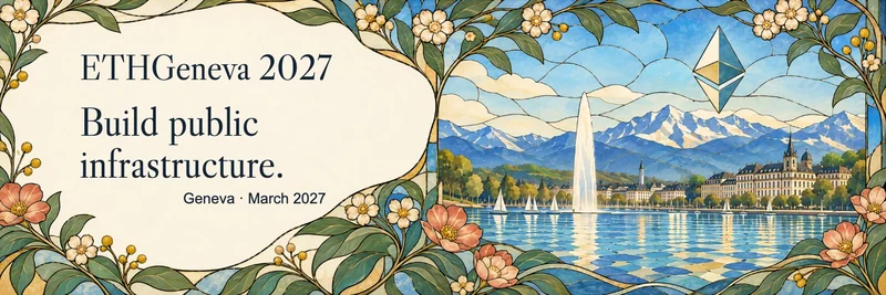ETHGeneva 2027. Build public infrastructure. Geneva, March 2027. A stained-glass panorama of the lake and fountain.
